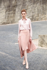 Blush Pink Silk Tie-Neck Blouse